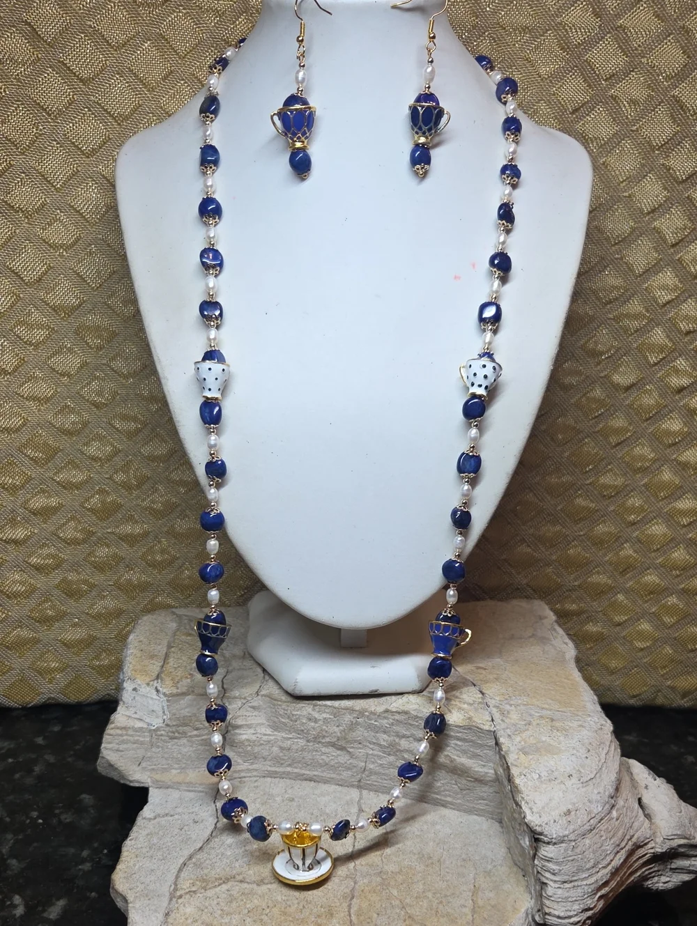Enamel Teacup Lapis Lazuli Freshwater Pearl Women's Necklace & Earrings Set